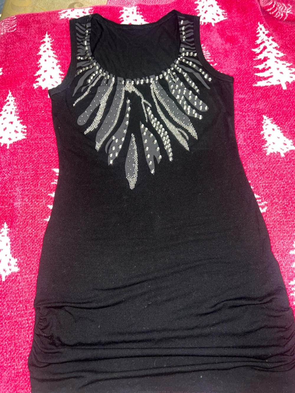 Sleeveless Black Bodycon Mini Dress with Silver studs/beads starburst Neckline